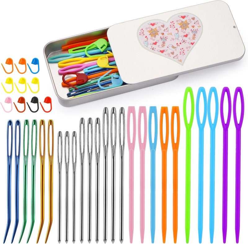 FTEVEN 36pcs Large Eye Sewing Needles, Plastic Yarn Needles Set Blunt Needles, Bent Tapestry Needles with Colorful Plastic Knitting Stitch Markers for Knitting Crochet Sewing - Image 1